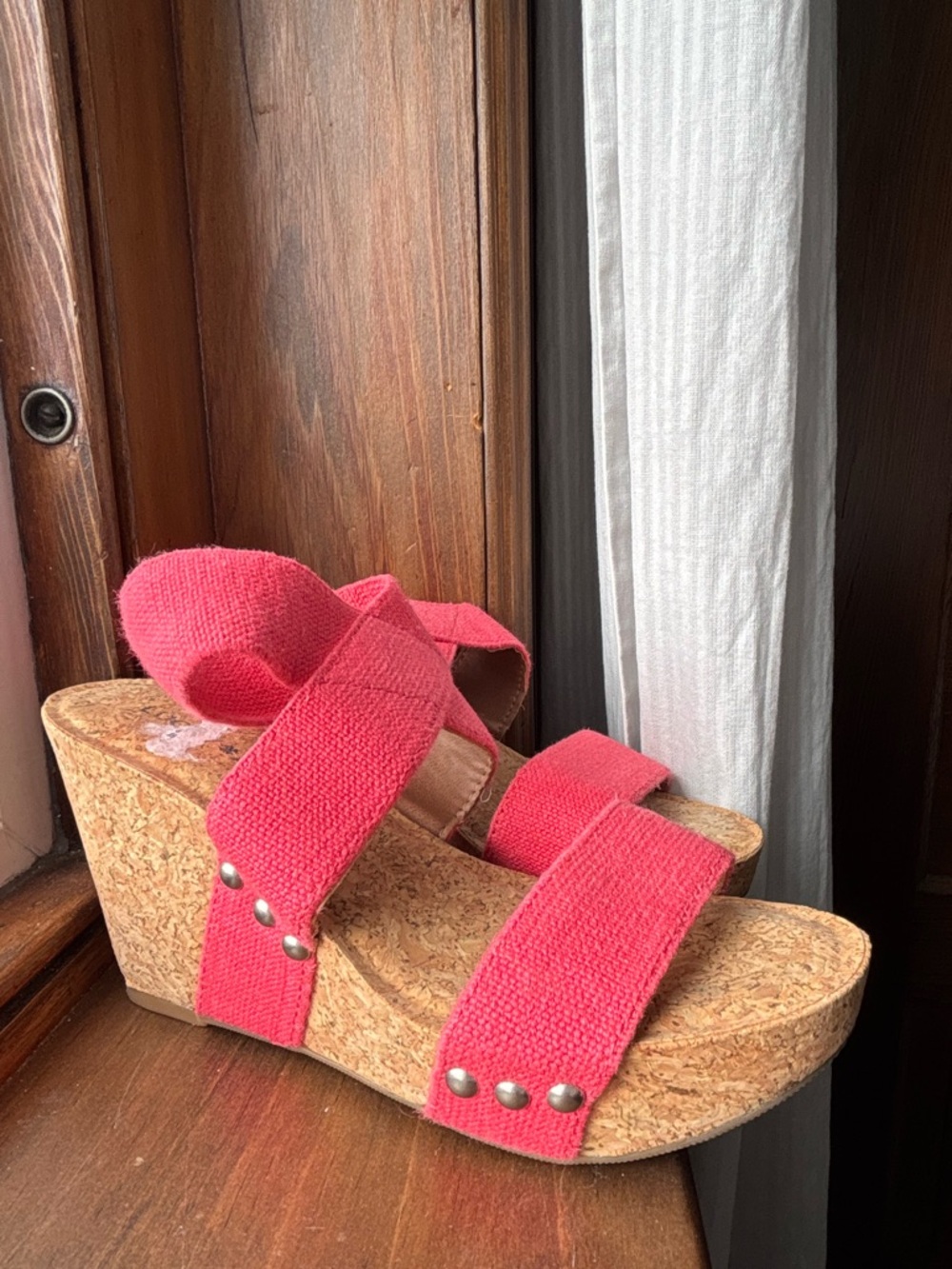 Lucky Brand Coral Canvas Cork Wedge Sandals